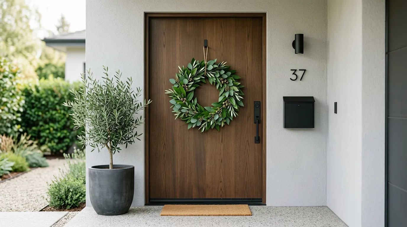 Minimal greenery wreath on a front door